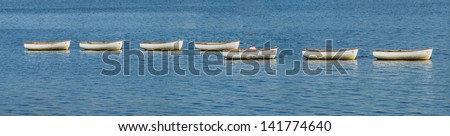 Seven boats in the middle of a lake in high resolution