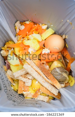 A bag of food recycling waste in a recycling bin
