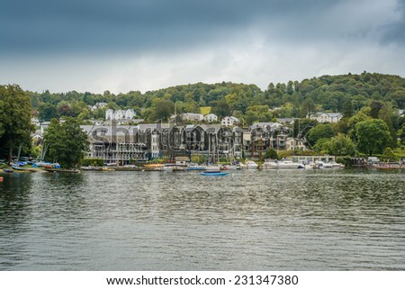 LAKE WINDERMERE, CUMBRIA, ENGLAND - OCT 18th 2014: A unique view towards The Macdonald Old England Hotel and Spa at  Lake Windermere, Cumbria, England.