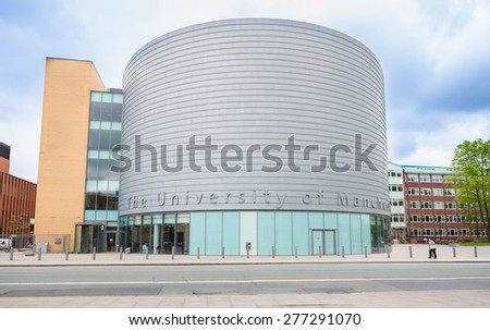 MANCHESTER, UK - May 2015: Manchester University, England, UK, 10 May 2015. The University is a British \'Redbrick\' university, a member of the Russell Group and the N8 group.