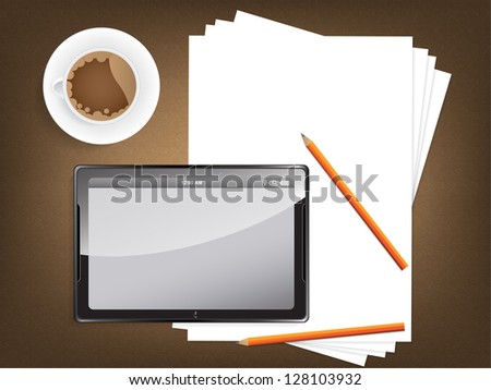 Desk concept with a blank paper, a cup of coffee and a modern tablet with space for text.