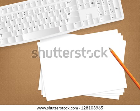Desk concept with a blank paper and a keyboard on the upper left corner.