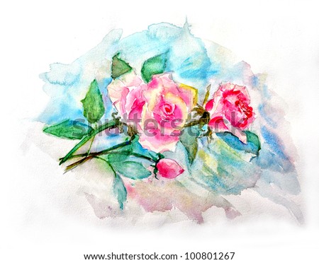 original artwork, watercolor painting dreamy pink roses