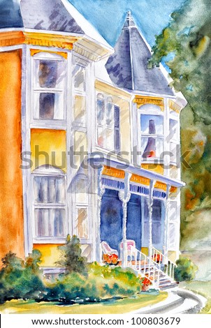 original art, watercolor painting of Victorian house