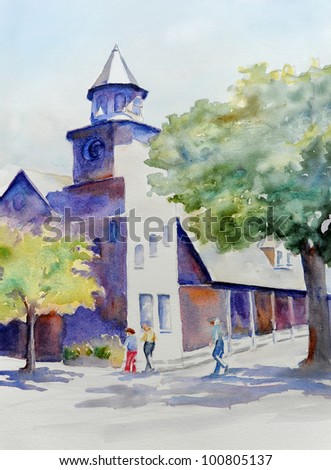 original art, watercolor painting of building and people