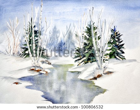 original art, watercolor painting of river in winter with evergreen trees and birches