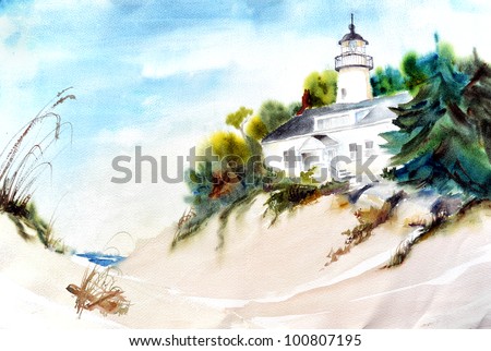 original art, watercolor painting of lighthouse by ocean