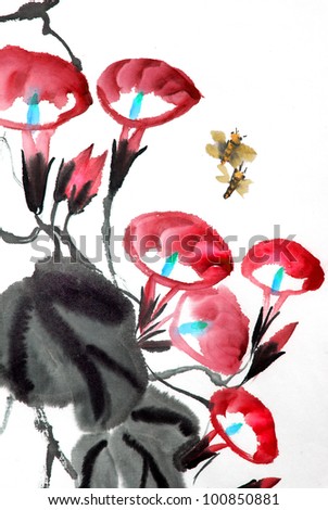 original art, watercolor painting of Asian style red flowers and flying insects