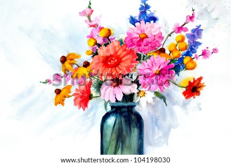 original art, beautiful watercolor painting of flowers in vase