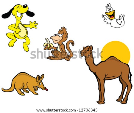 vector set of 5 animals: dog, duck, chimp, aardvark, and camel