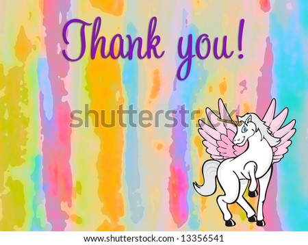 Thank you message in bright colors with winged unicorn illustration