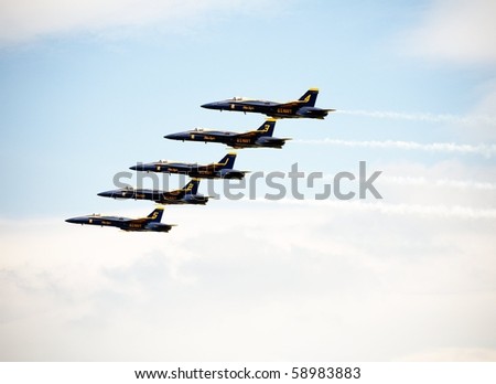 ANDREWS AFB, WASHINGTON DC- MAY 16: US Navy Demonstration Squadron Blue angels, flying on Boeing F/A-18 showing precision of flying on May 16, 2010 in Washington DC.