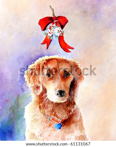 watercolor painting of golden retriever under mistletoe for holidays