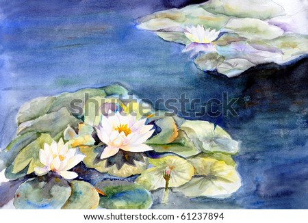 watercolor painting waterlilies in aquatic garden