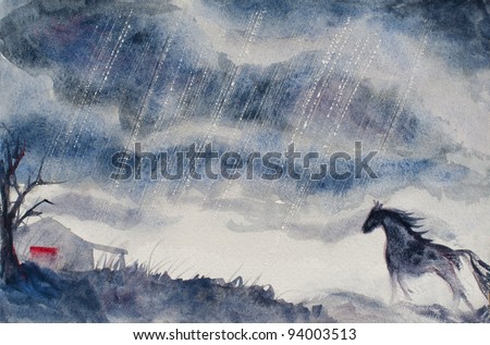 original watercolor art painting of horse in rain