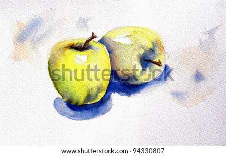 original art watercolor painting of yellow apples