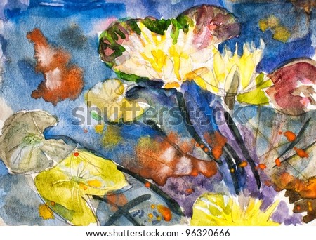 original art watercolor painting of yellow water lilies in pond