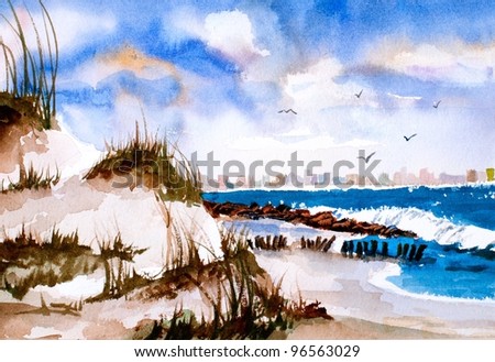 original watercolor painting of ocean, sand, surf, and sky