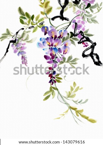 original art watercolor painting of wisteria blossoms Asian style painting original art watercolor painting of wisteria blossoms Asian style painting