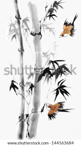 Original Art, Watercolor Painting Of Pair Of Birds And Bamboo, Traditional Asian Style