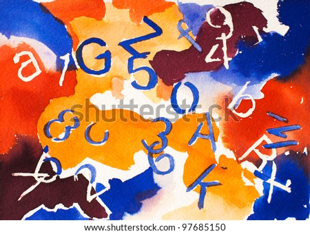 abstract original watercolor painting with numbers and letters