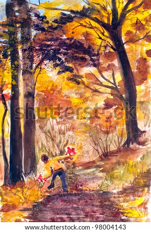original art watercolor painting of joyful person gathering leaves in the autumn woods