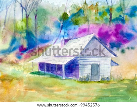 original art, watercolor painting of colorful cabin in woods