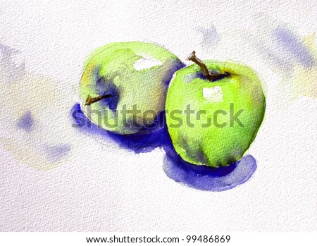 original art, watercolor painting of green apples