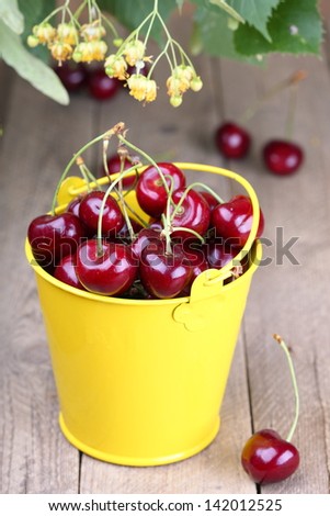 Ripe cherries in a yellow bucket on a wooden background
