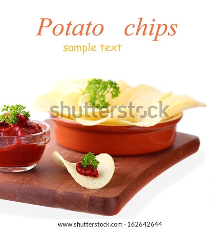 Potato chips with tomato sauce isolated on white (with sample text)