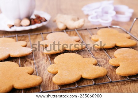 Christmas baking.Gingerbread cookies after  baking and spices for gingerbread. Selective focus, shallow depth of field