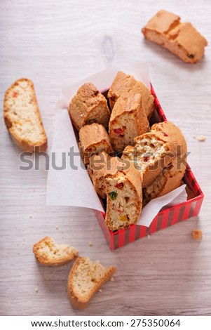 Italian cookies biscotti  in the box. Selective focus, shallow depth of field.