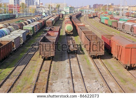 Freight trains on city cargo terminal