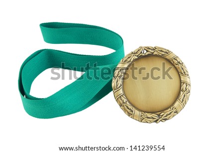 Gold medal with green ribbon isolated on white