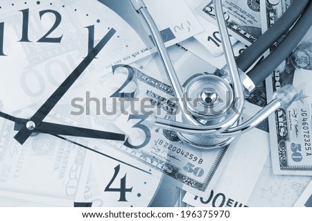Stethoscope on euro banknotes and clock, cost of healthcare concept