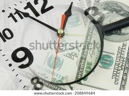 Business concept, magnifying glass on dollars background and clock