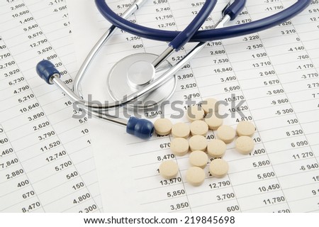 Cost of health care concept, stethoscope and drugs on document