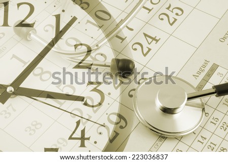 Regular medical examination concept, stethoscope on calendar and clock