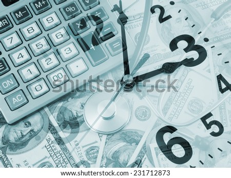 Stethoscope and calculator on banknotes, cost of healthcare concept