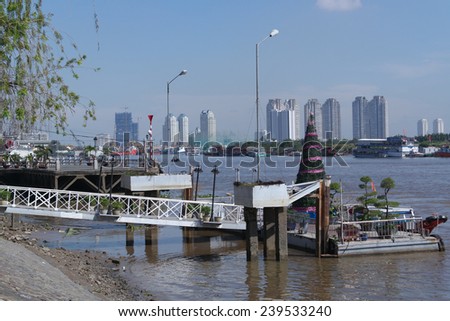 HO CHI MINH, VIETNAM - DECEMBER 22, 2014 : View of Ho Chi Minh city riverside Saigon Port at noon December 22, 2014. Ho Chi Minh city is the biggest city and economic center in Vietnam.