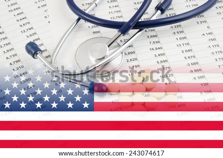 Cost of health care concept, stethoscope and drugs on document with usa flag.