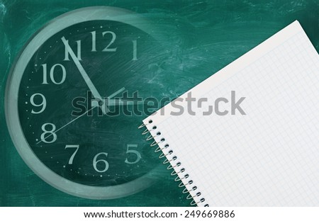 Blank school board and blank checked note paper, collage with clock