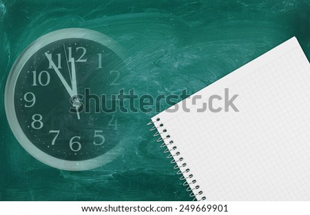 Blank school board and blank checked note paper, collage with clock