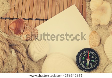 Travel concept, travel items on bamboo background