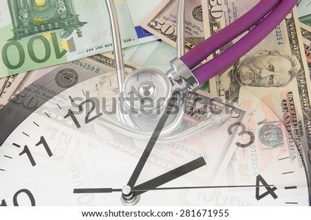 Stethoscope on euro and dollar banknotes with clock, cost of healthcare concept