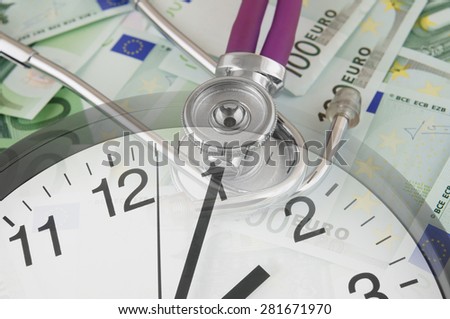 Stethoscope on euro banknotes and clock, cost of healthcare concept