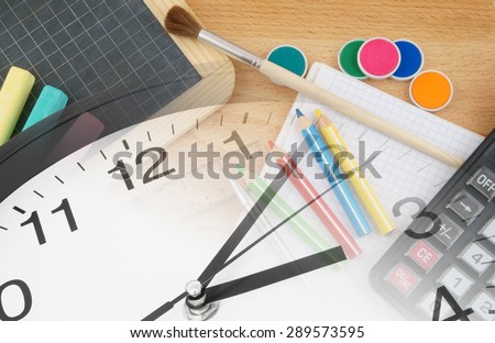 School supplies and school board, collage with clock, education concept