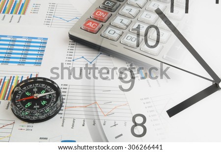 Navigation in financial world concept, calculator and compass on financial charts and graphs, collage with clock