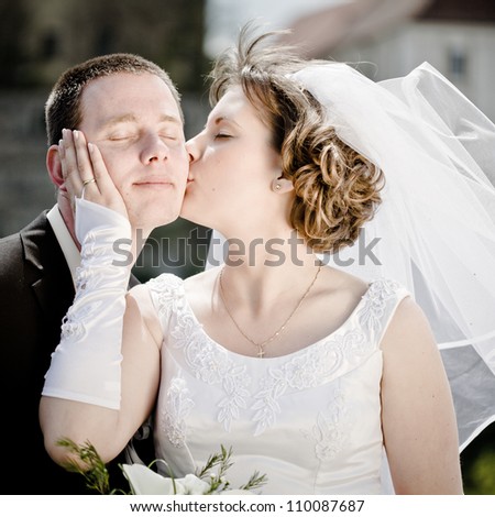 young beautiful wedding couple outdoor -colorized photo for old mood