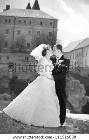 young beautiful wedding couple outdoor-black and white photo for old mood